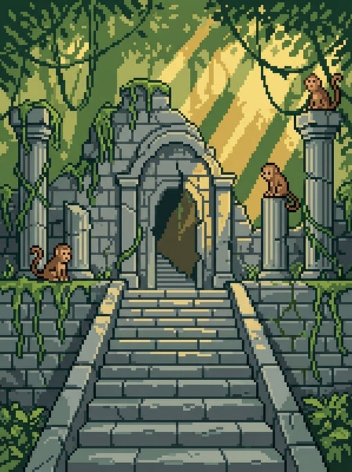 Stone blocks overgrown with vines rendered as green pixels creeping over gray — a pixel art ancient temple ruin being reclaimed by jungle