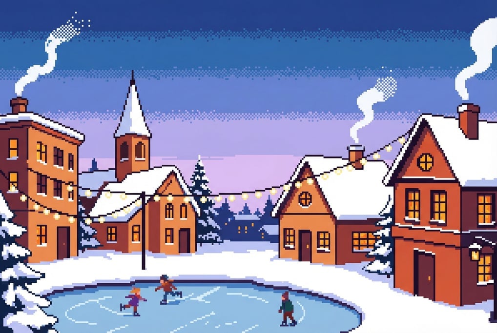 A pixel art winter village scene at twilight