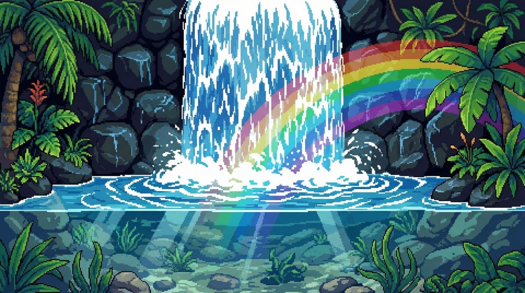 A pixel art waterfall cascading into a crystal-clear pool