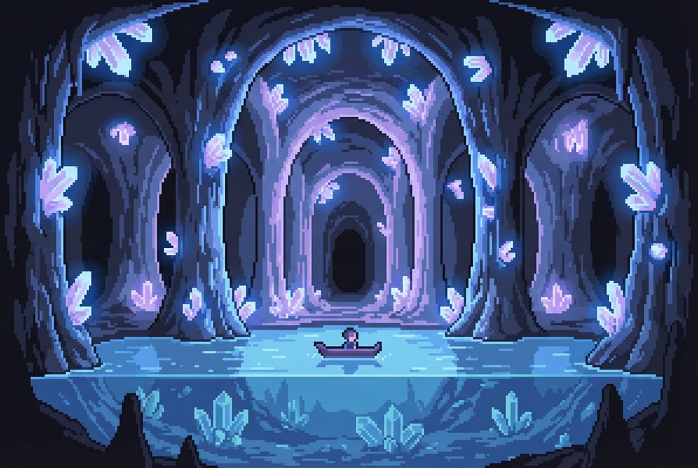 Glowing blue crystals grow from every surface of a pixel art bioluminescent cave