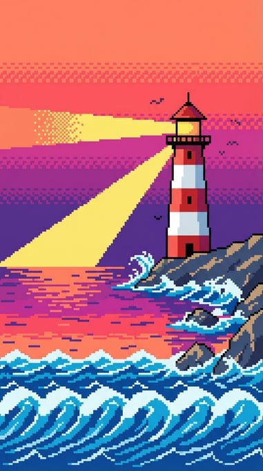A pixel art coastal lighthouse at sunset