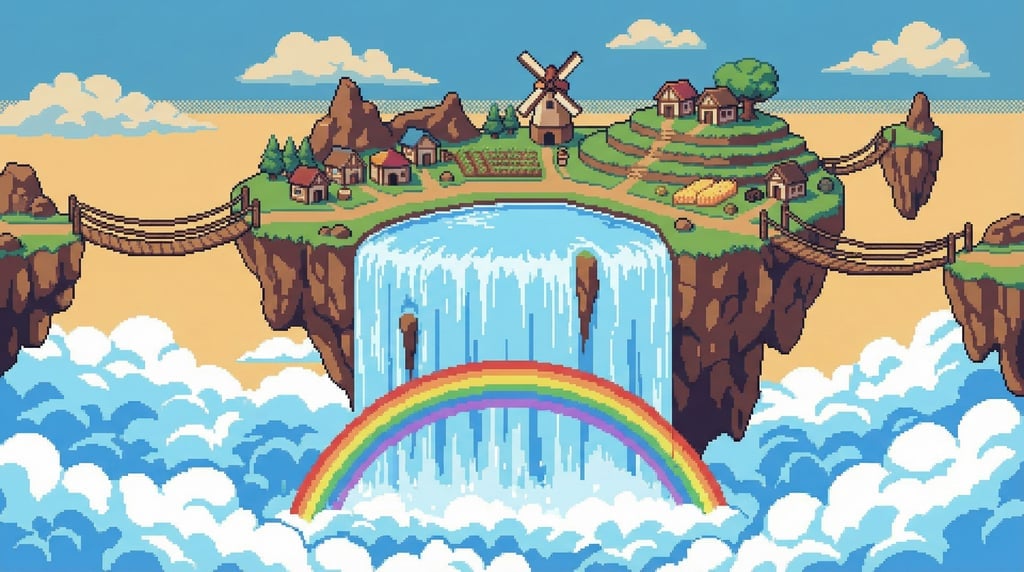 Waterfall pouring off the edge of a floating sky island into clouds below — pixel art fantasy landscape with a small village of pixel houses