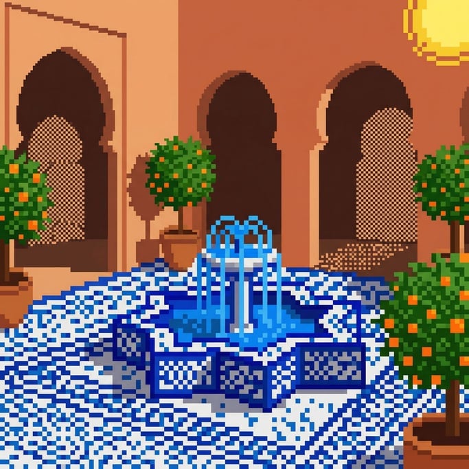A pixel art Moroccan courtyard with intricate geometric tile patterns rendered as precise pixel mosaics
