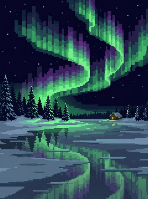 Flowing curtains of green and purple pixels against a star-filled sky — a pixel art aurora borealis over a frozen lake
