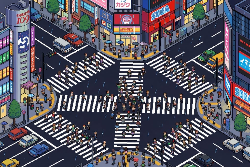 A pixel art illustration of a busy Tokyo crosswalk from above