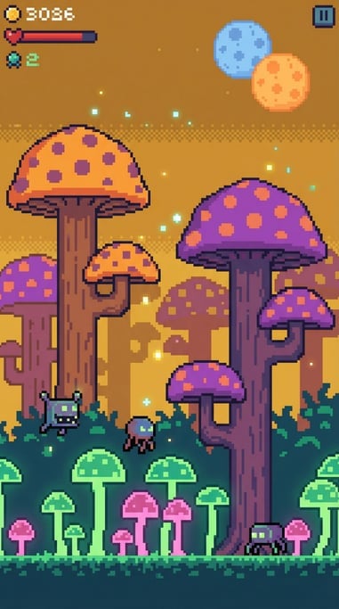 Towering like redwoods with spotted caps in vivid orange and purple — pixel art giant mushrooms in an alien forest