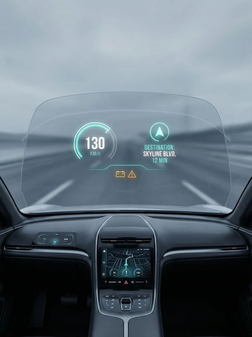A futuristic vehicle dashboard design with a heads-up display projected on the windshield