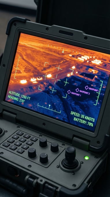 A drone control interface showing a camera feed from altitude with targeting and telemetry overlays