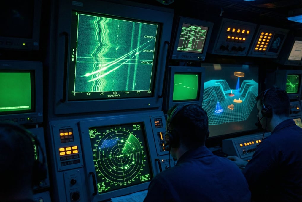 Waterfall display shows frequency over time with contacts appearing as bright traces in this submarine sonar room display