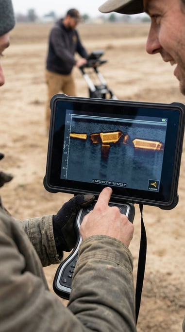 Subsurface anomalies appear as geometric patterns in warm amber against cool blue-gray undisturbed soil on an archaeological ground-penetrating radar display