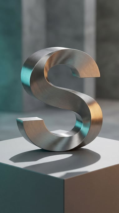 A three-dimensional letterform S rendered as a twisted metallic ribbon