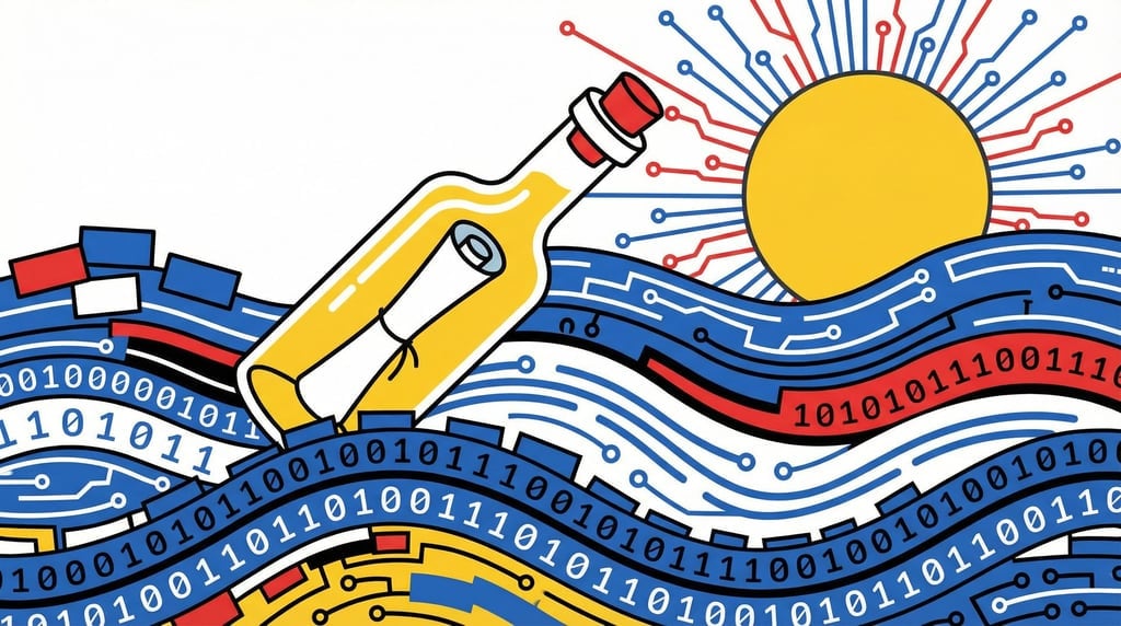 A message in a glass bottle floating through a sea made of flowing data waves and binary streams (huct2j2g)