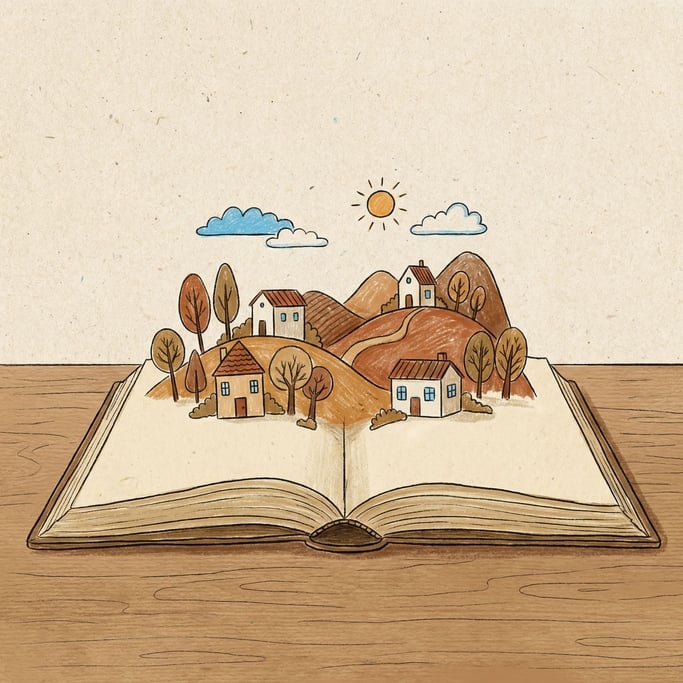 An open book lying flat with a detailed miniature landscape emerging from its pages like a pop-up di (m2l0php6)