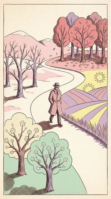 A person walking along a path where the landscape seamlessly transitions through all four seasons ar (18ld)