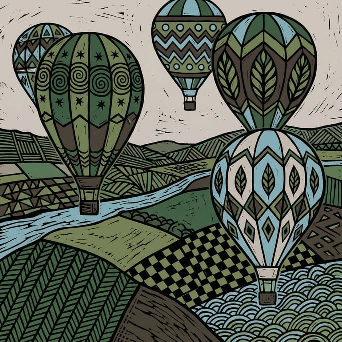 Hot air balloons drifting over a patchwork countryside, each balloon painted with a unique pattern (a)