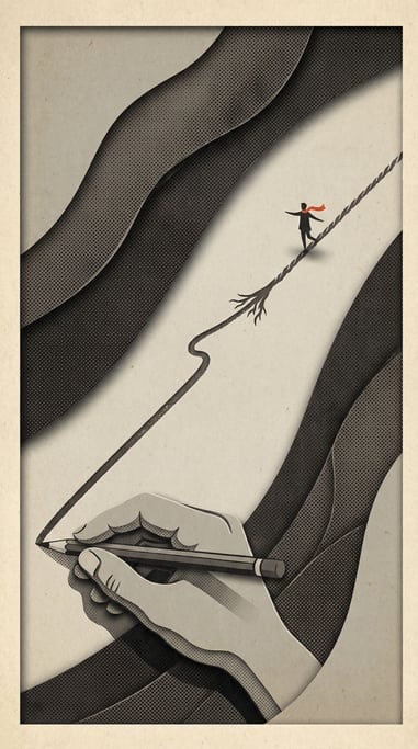 A pencil drawing a single line that extends forward and becomes a tightrope with a small figure walk (g7pjnmjh)