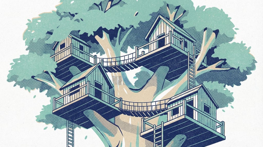 A multi-level treehouse village connected by rope bridges and ladders, nestled in a giant oak canopy (b11mvihf)