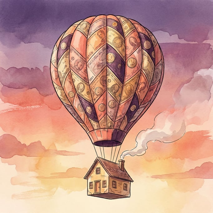 A hot air balloon crafted from woven currency patterns lifting a small cozy house into the sky (nmf)