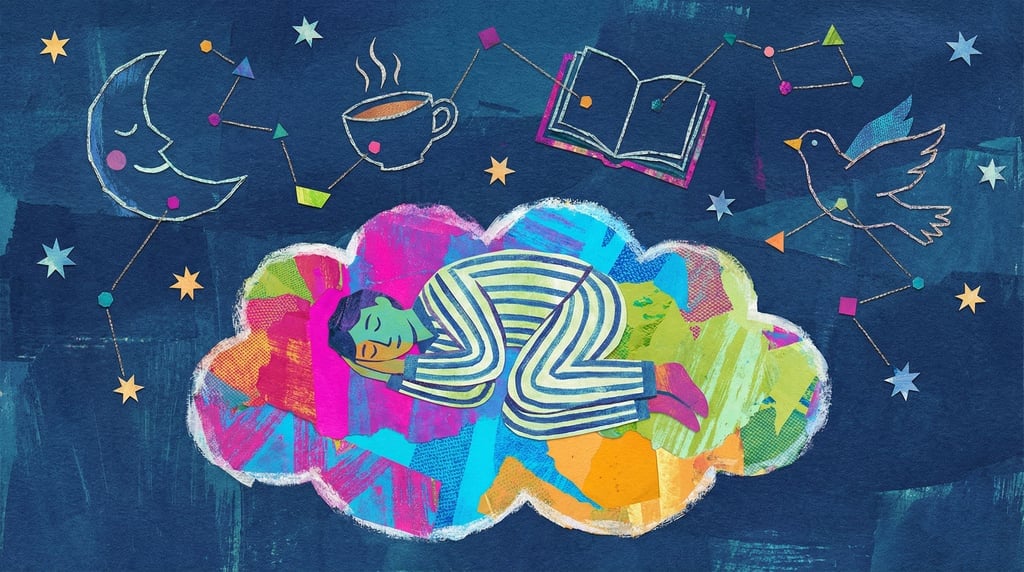 A person sleeping peacefully on a cloud, constellations above forming the shapes of gentle dreams (uyh63e35)