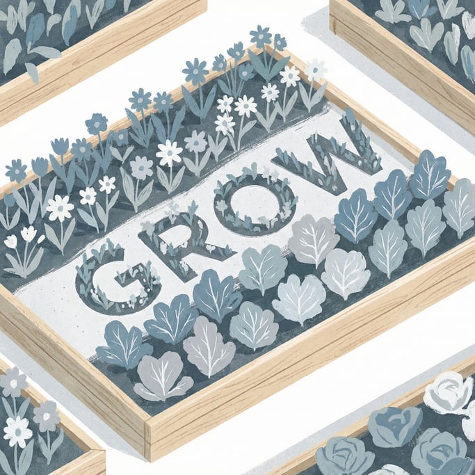 A community garden plot where the colorful plants and flowers spell out a word when viewed from abov (dtamivz0)