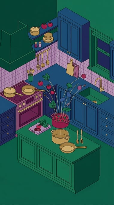 A kitchen scene where vegetables and ingredients are leaping and assembling themselves into a finish (mozgqma)