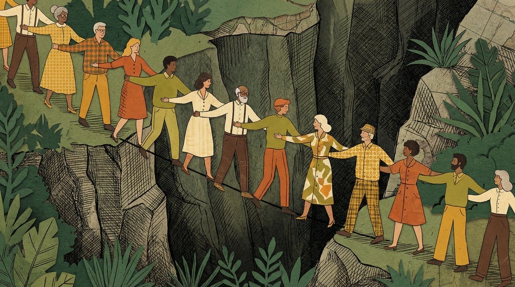 People of various ages linking arms to form a human chain bridge stretching across a deep green ravi (azmpwcxv)