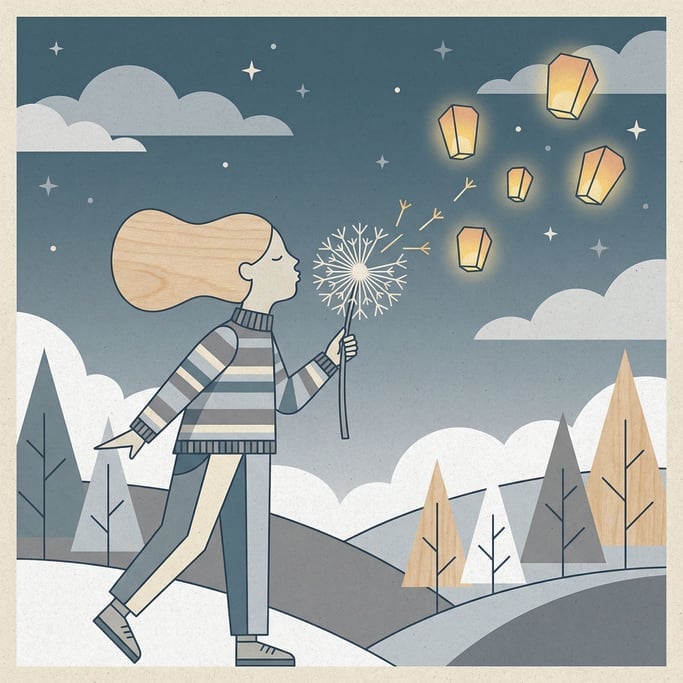 A person blowing dandelion seeds that transform into tiny glowing lanterns drifting across a twiligh (pk7agchw)