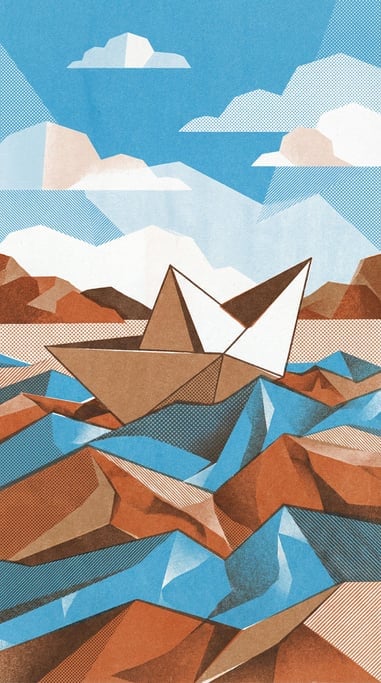 A paper boat sailing across a sea made entirely of crumpled and folded paper with paper waves (ewqpa3hb)