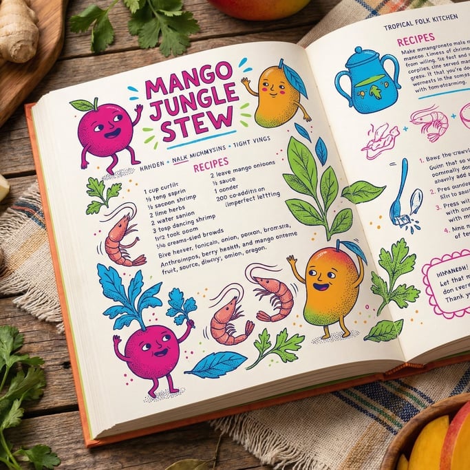 An open cookbook where the illustrated recipe on the page has come to life (nze4qkez)