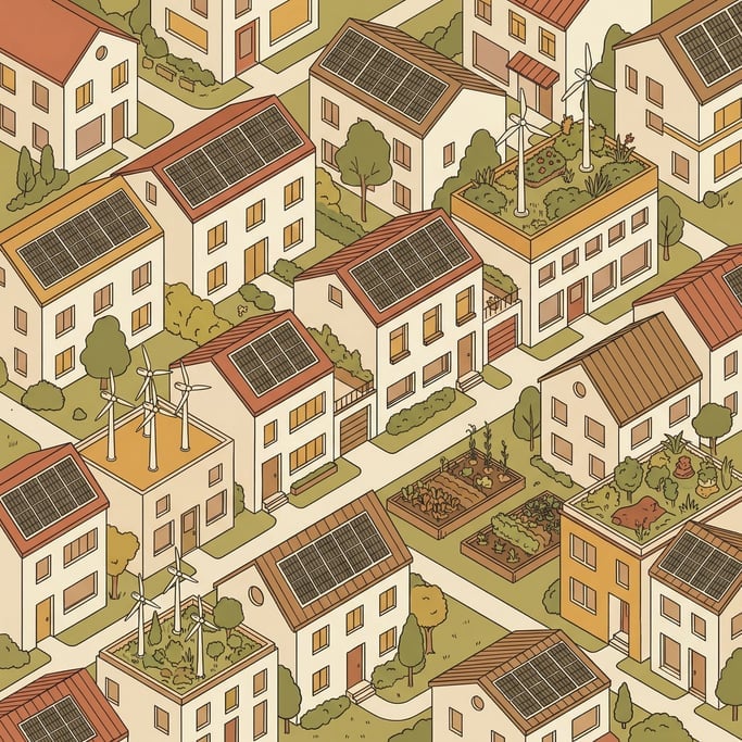 A neighborhood seen from above where every rooftop hosts a different renewable energy installation (1pwacbpa)