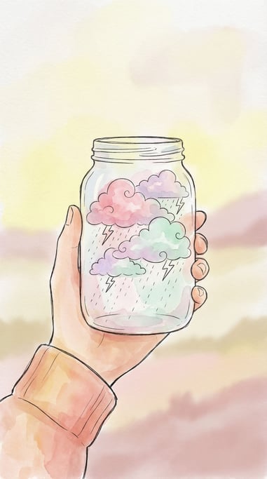 A glass jar filled with a miniature thunderstorm, tiny lightning and rain clouds contained inside (9gh9rsxw)