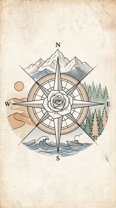 A compass rose where each cardinal direction opens into a completely different landscape: desert (gt0eq4pg)