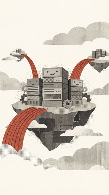 Cloud computing visualized as a floating island of friendly servers connected by rainbow data bridge (4qdhvqzz)