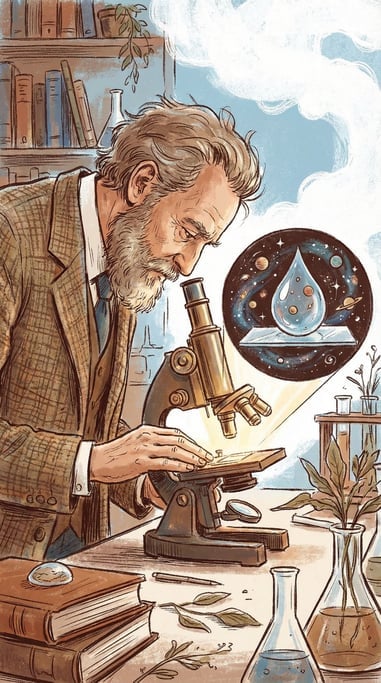 A scientist looking through a microscope that reveals a tiny complete universe inside a water drople (zarmapy6)