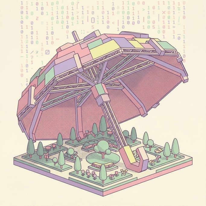 A large umbrella sheltering a small perfect garden beneath it from a rain of falling numbers and dat