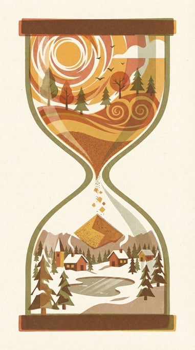 An hourglass where the upper chamber is a summer scene draining sand into a winter landscape below (hl34hxtd)