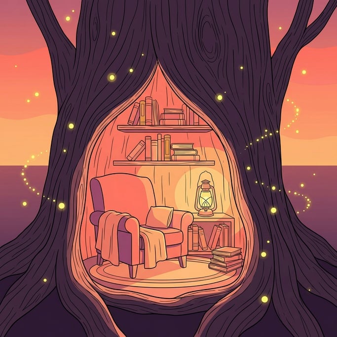 A cozy reading nook built into the hollow of an enormous ancient tree trunk (bmhcvt0k)