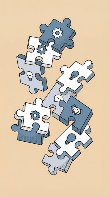 Jigsaw puzzle pieces floating together mid-assembly in the air (yf4ef6ib)