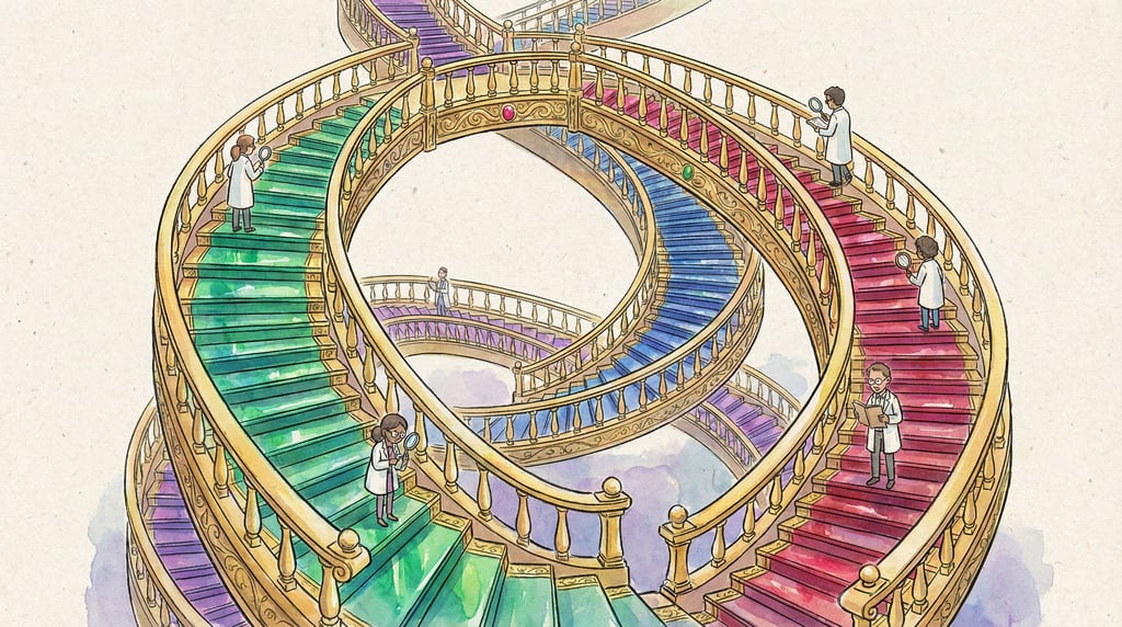 A DNA double helix rendered as a grand spiral staircase with tiny researchers walking along the step (ippqrnfv)
