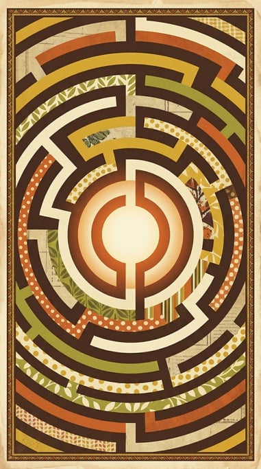 A maze viewed from above with multiple winding paths, all leading to a glowing warm center goal (uqdvaxh7)