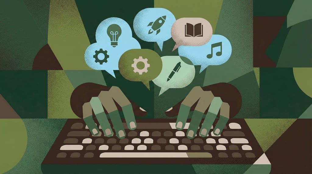 Hands typing on a keyboard with ideas emerging as vivid thought bubbles rising above (a8n89bwr)