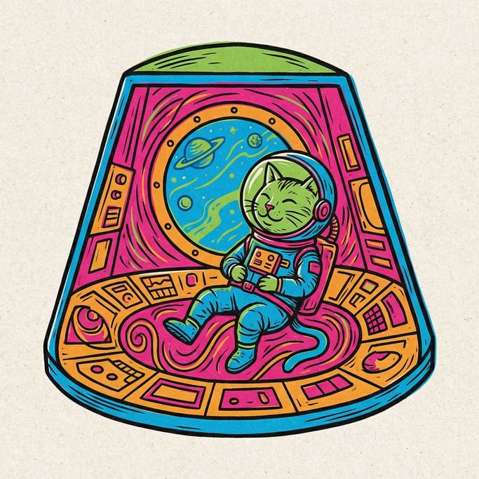 A cat in a tiny space helmet floating contentedly inside a miniature space capsule (ke8kkcl9)