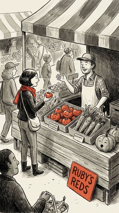 A bustling farmers market stall overflowing with colorful produce