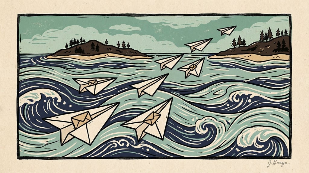 Paper airplanes carrying sealed letters flying across a wide ocean between two distant islands (wp)
