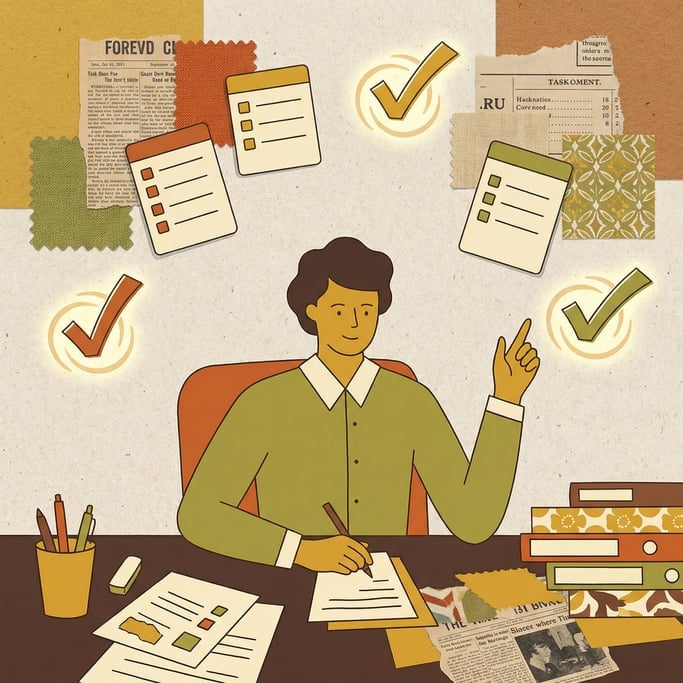A person at a desk surrounded by floating task cards and glowing checkmarks (bnhebgfh)