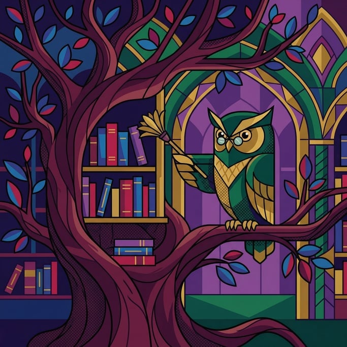 An owl perched in a library, organizing books on shelves that are built into the branches of a tree (mm03uwvk)