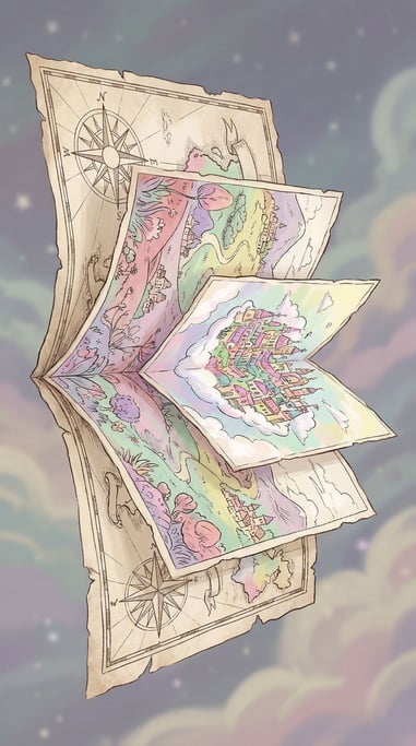 A map unfolding itself, each section it reveals showing a more detailed and colorful landscape withi (l1z40hkp)