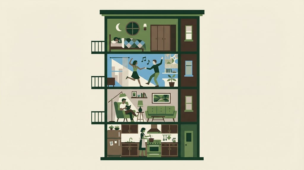 A building cross-section showing different lives in each apartment: cooking, reading, dancing
