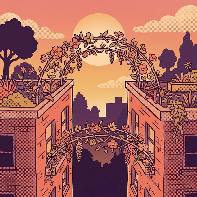 Rooftop gardens on adjacent buildings connected by arching bridges made entirely of trailing flowers (hxibmpzg)