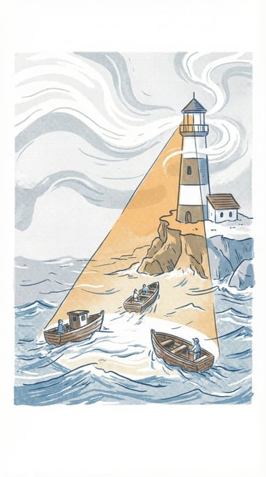 A lighthouse beaming a wide cone of light through dense fog, small boats navigating toward it safely (s37zqkaq)